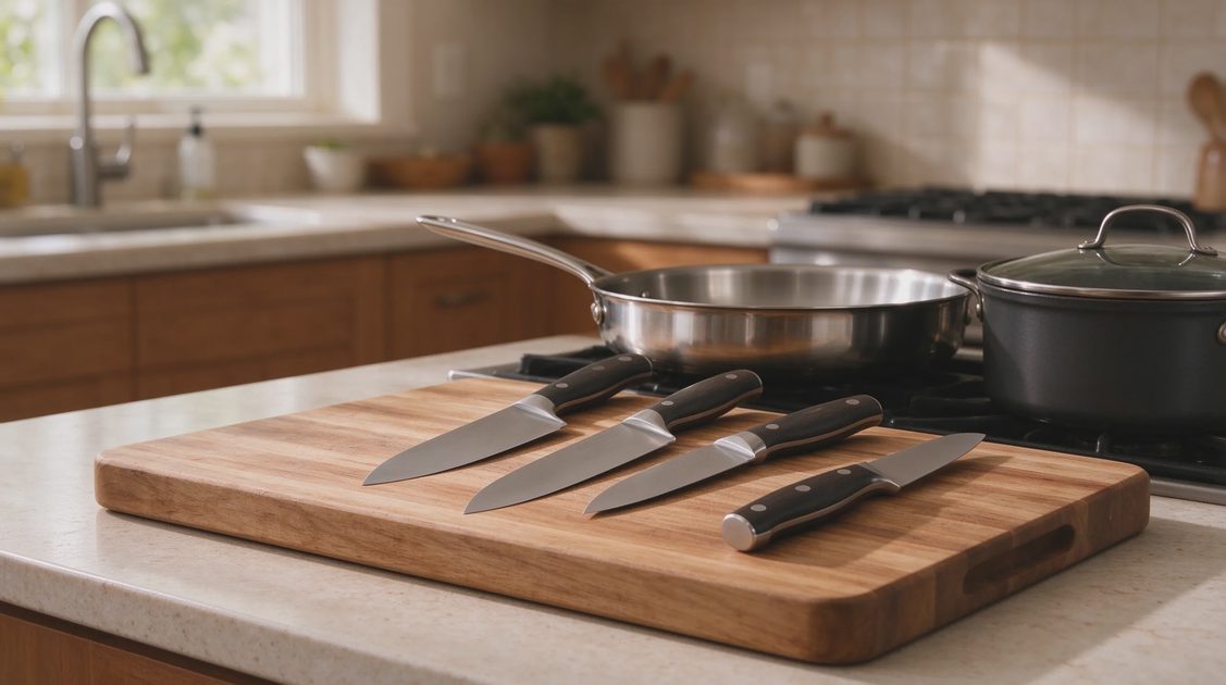 Reliable everyday knives and a workable cutting board. A solid skillet and sauce pan